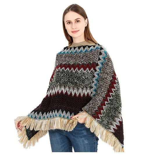 Soft Knit Boho Tassel Shawl Scarf - Bold Geometric Color Block & Vintage Stripes - Ultra-Warm, Windproof Cape-Style Cardigan Wrap for Women - Perfect Outdoor Accessory