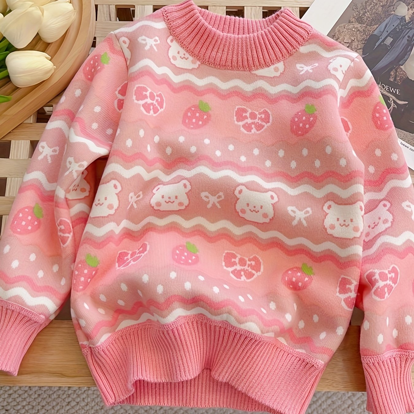 Girls Cozy Cartoon Bowknot & Bear Pattern Round Neck Thermal Lined Knit Sweater - Soft, Warm, and Breathable - Perfect for Autumn and Winter Season