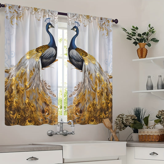 2pcs Golden Peacock Polyester Light Filtering Curtains, Suitable For Window Rod Pocket Treatment, Bedroom Living Room Study Home Decoration Curtains