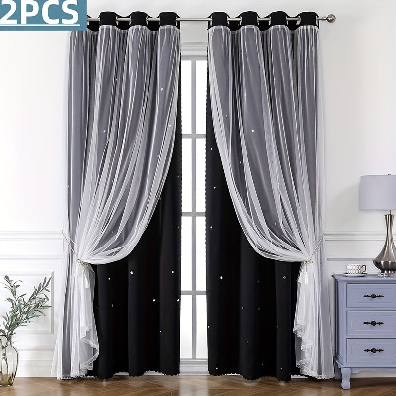 2PCS Grommet Top Curtains Double-layer Cute Hollow Star-shaped Small Holes Curtain For Light Transmission, Suitable For Bedroom Blackout Curtains, Living Room Curtains, Themed Room Curtains, And Festival Party Decoration Curtains Home Decor