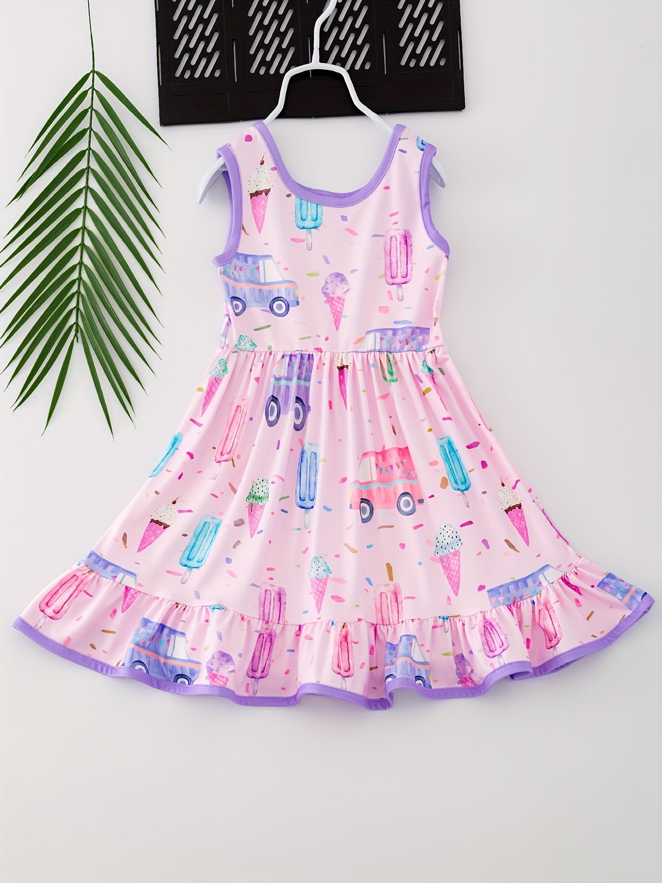 Charming Girls' Cartoon Car & Ice Cream Print Sleeveless Dress - Stretchy, Comfortable Fabric for Summer Parties & Gifts