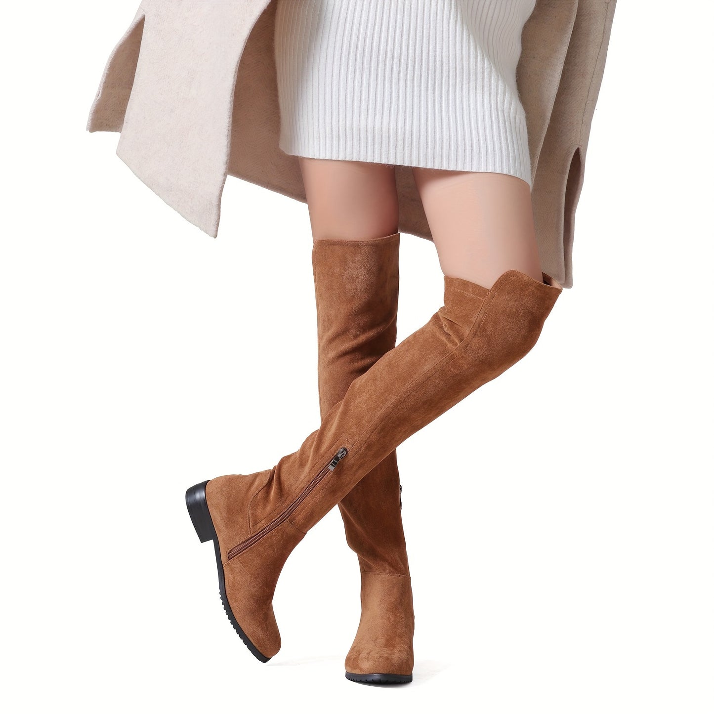 Womens Low Heeled Boots Pointed Toe Over The Knee Thigh High Boots