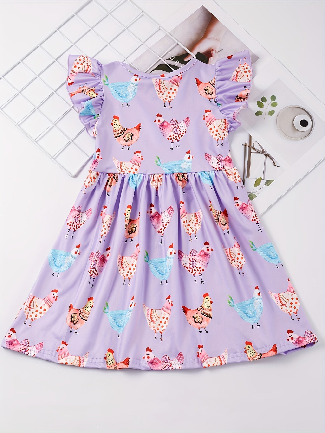 Stretchy Adorable Girls Cartoon Dress with Flouncy Ruffle Sleeves - Perfect for Summer Parties and Gift-Giving