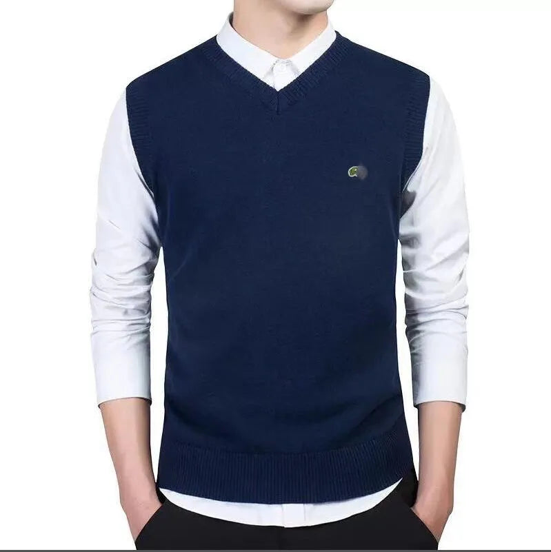 Men's Sweater Fashion Solid Color V-neck Pullover Warm Autumn and Winter women embroidery Sleeveless Solid Color Knitted Casual Sweater