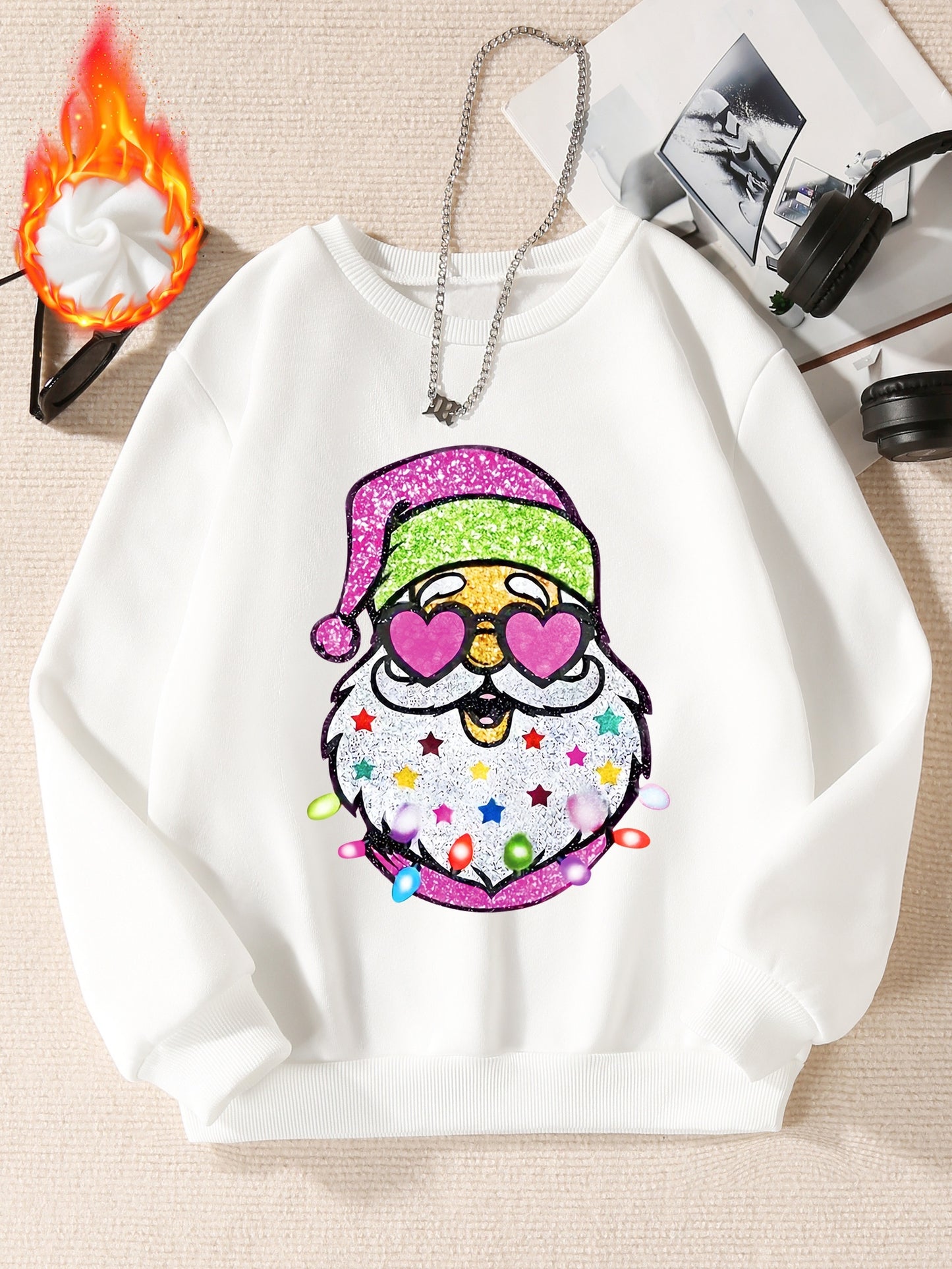 Cozy Christmas Cartoon Santa Print Pullover Sweatshirt for Toddler Girls, Long Sleeve Casual Sports Top for Everyday Wear