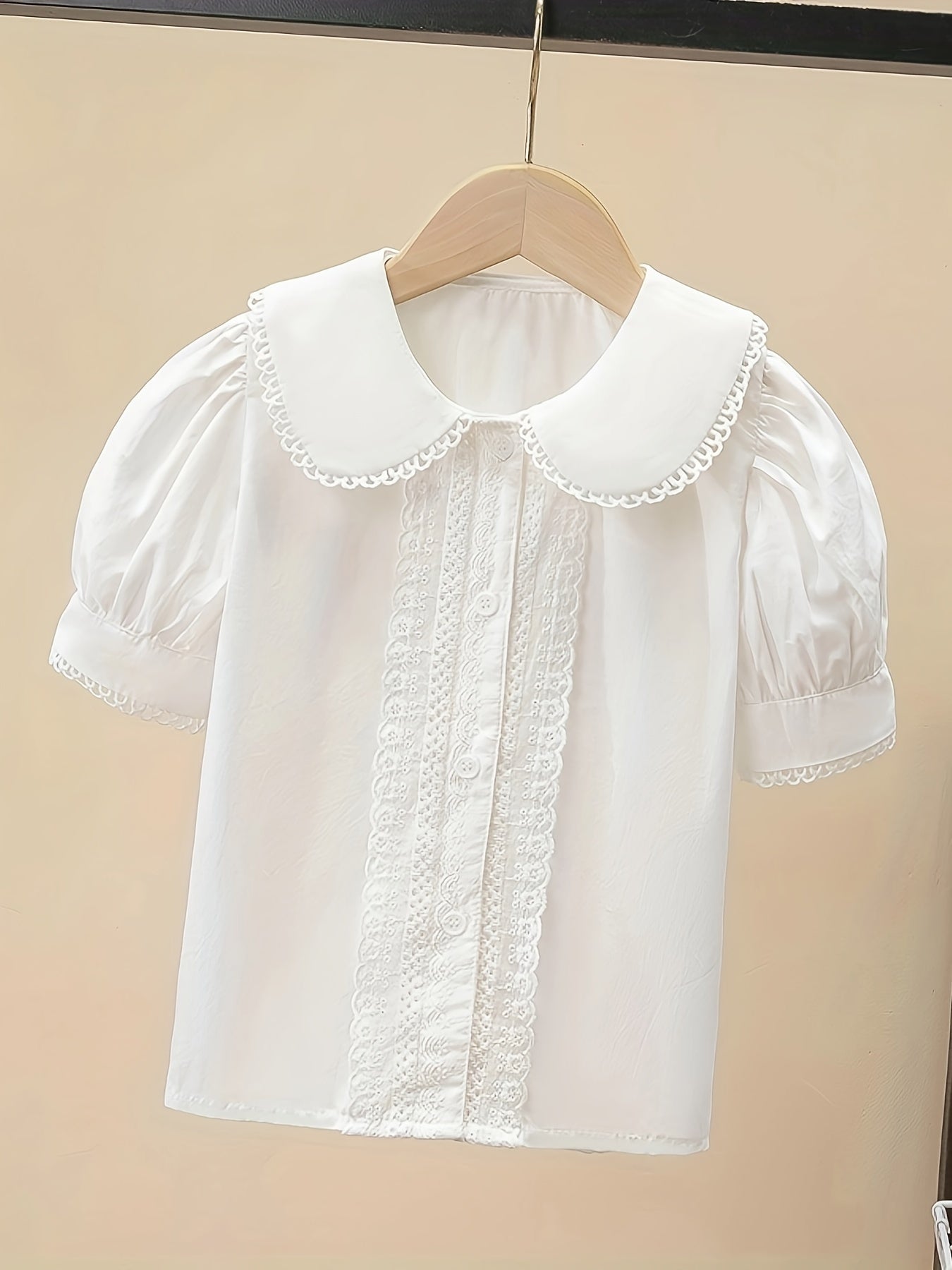 100% Cotton Girls Short Sleeve White Shirt with Lace Collar and Button Details - Dressy Blouse for Teenagers - Hand Wash Only, Perfect for Summer Weekend Casual Wear