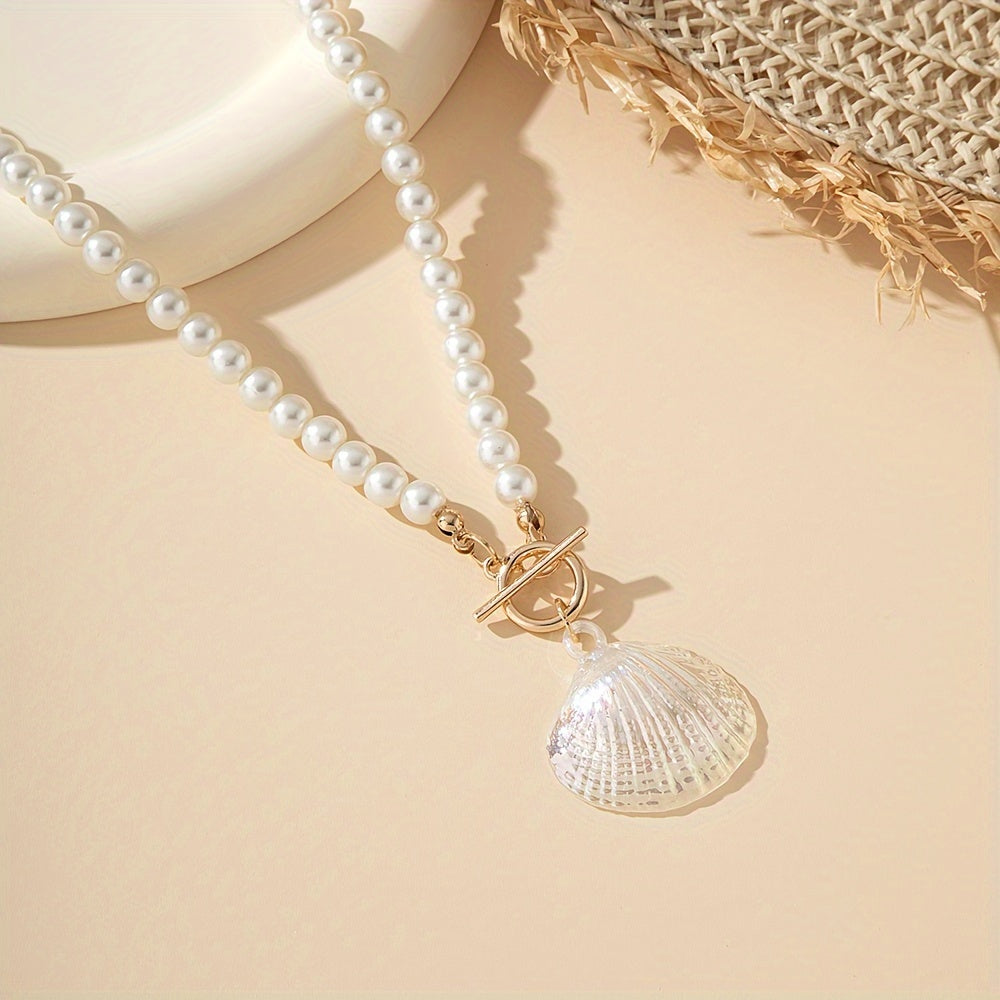 2pcs, Boho & Elegant Style, White Seashell Shape Design Pendant, Match Shiny Beads Necklace, Fashion Delicate Accessory For Daily Wear & Beach Holiday, Idea Gift For Ladies