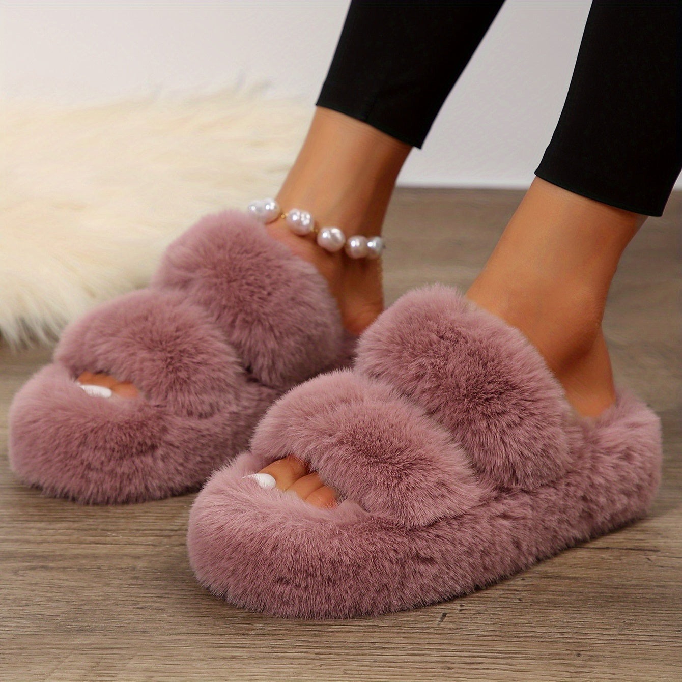 Double Band Fluffy Plush Home Slippers, Solid Color Open Toe Fuzzy Furry Shoes, Winter Cozy & Warm Slippers