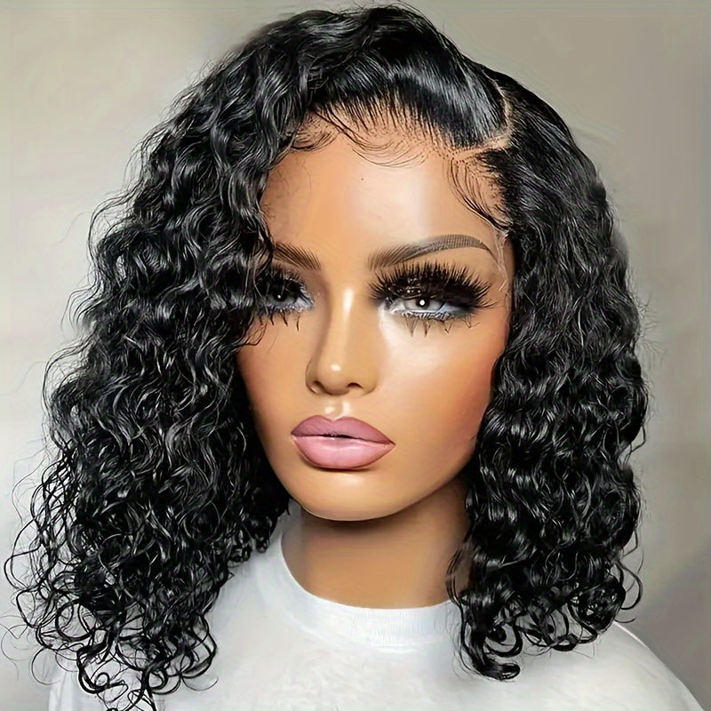 13x4 200% Density Deep Wave Curly Short Bob Wig - Premium Glueless Pre-Plucked Swiss Lace Frontal Wig Closure with Water Wave, Blunt Cut, and Sports Style for African Women - High-Quality Basics Wig for Daily Wear