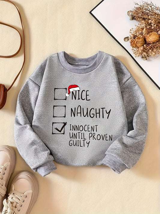 Girls' Festive "Nice & Naughty" Print Long Sleeve Sweatshirts - Soft, Comfy, Versatile, and Casual Winter Tops for Outdoor Activities - Perfect for Fall and Winter Seasons