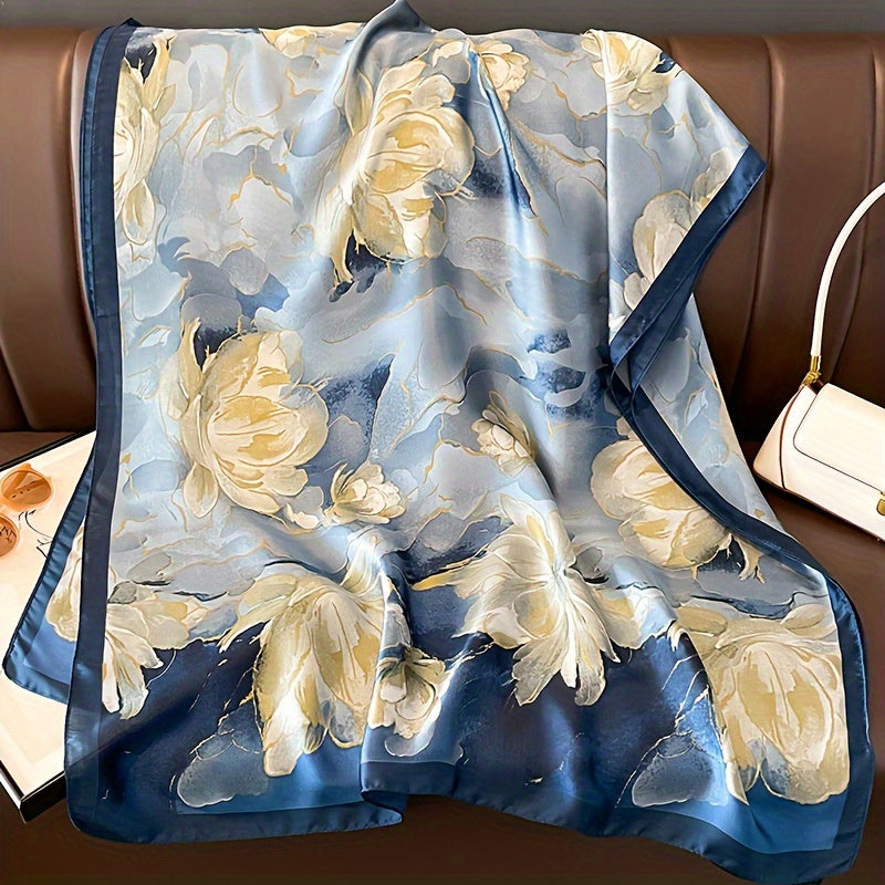 Blue Blossom Paradise Scarf - Luxurious Satin Silk Feel, Wind-Resistant & Sun-Protective, Perfect Beach Companion for Women