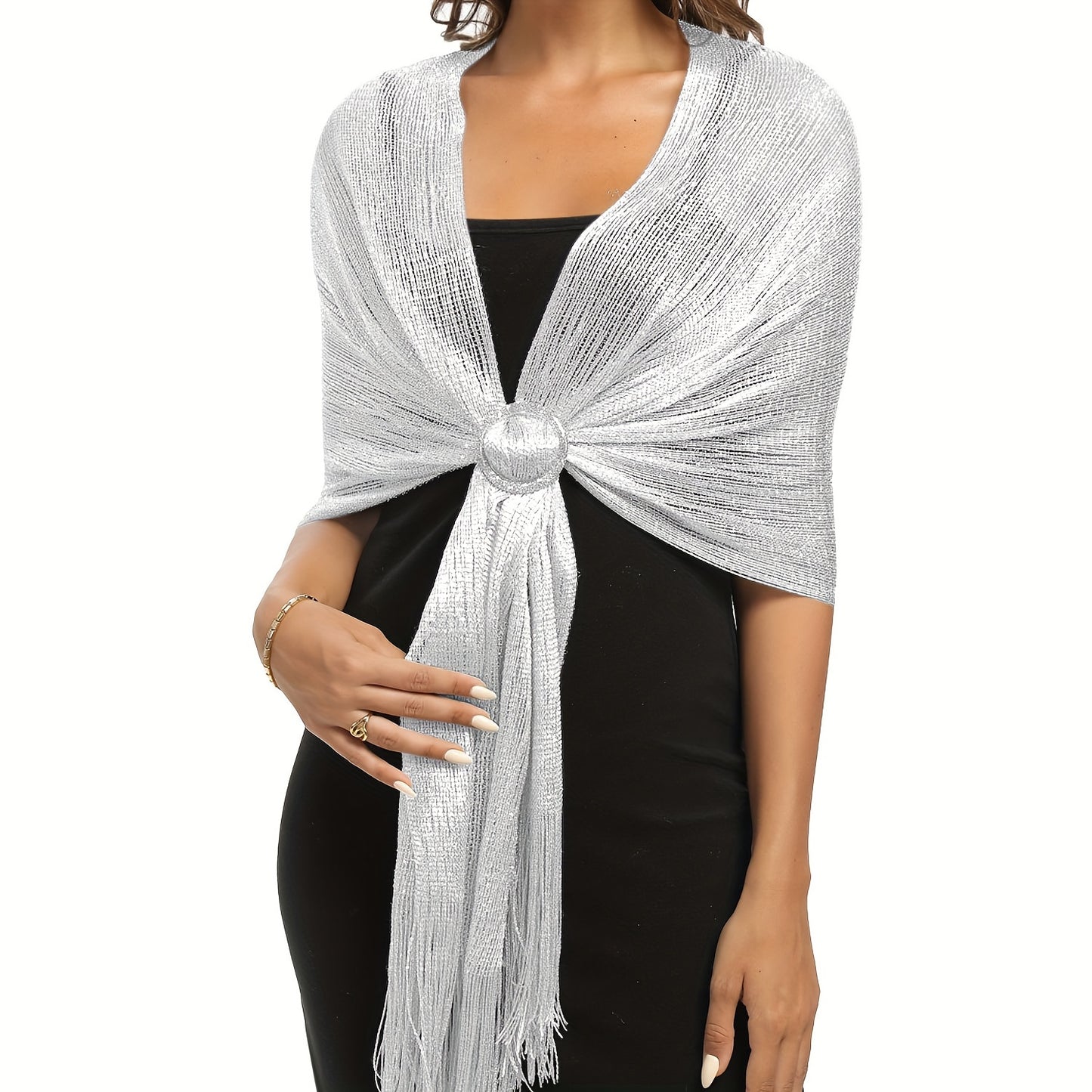 Shimmering Metallic Glam Shawl - Round Buckle Tassel Wrap - Perfect for Evening Parties & Weddings - A Versatile Dress-Up Accessory