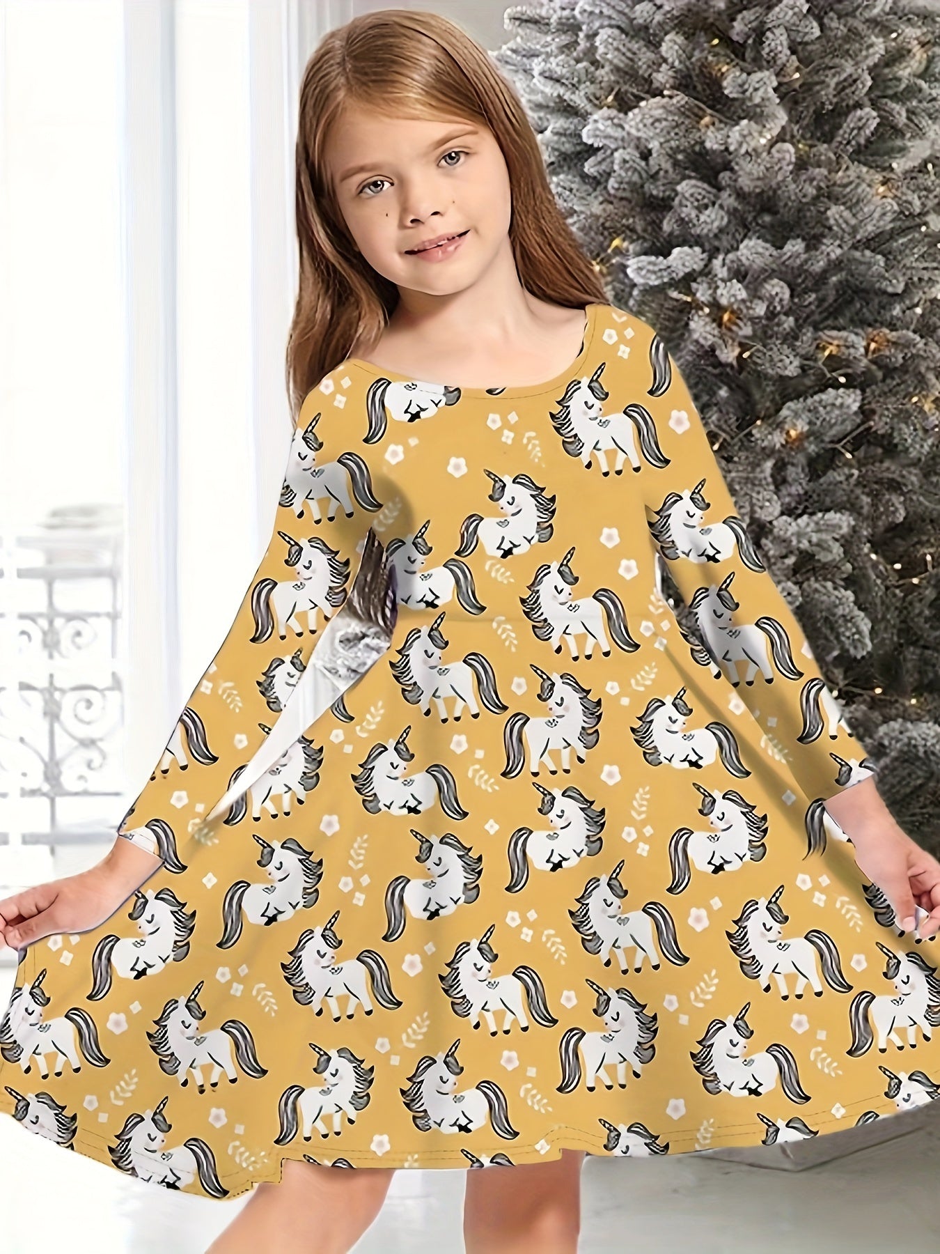 Kids Sweet Girls Christmas Tree Print Crew Neck Dress for Christmas Halloween Gift