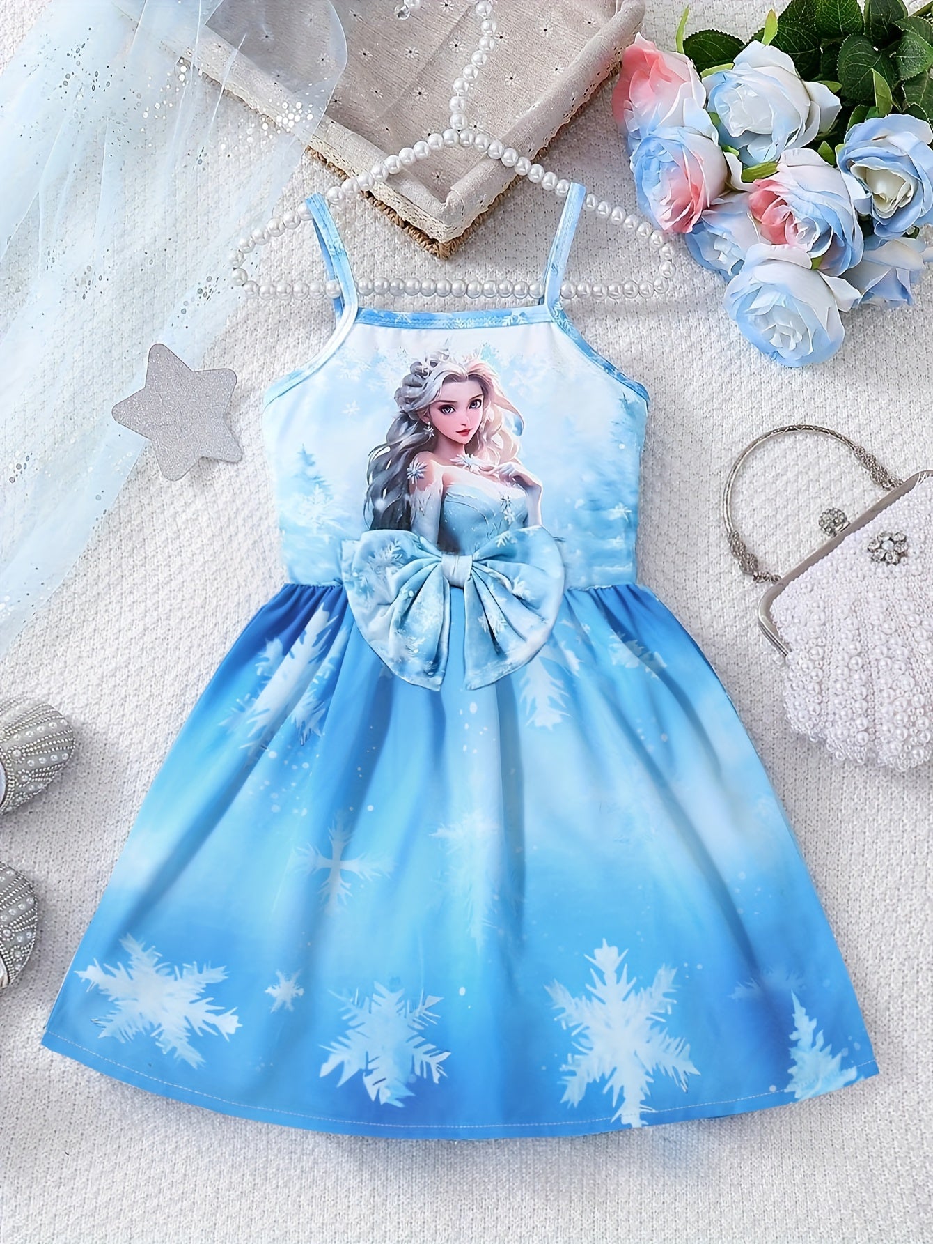 3D Graphic Toddler Girls Snow Princess Dress - Adorable Cartoon Design with Fashionable Bow Front Cami Style - Perfect for Little Fashionistas - Summer Wardrobe Must-Have