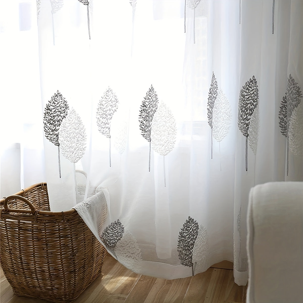 1pc Elegant Pastoral Leaf Embroidered Sheer Curtain - Simple, Translucent, Thin, Rod Pocket Design for Easy Hanging - Perfect for Living Room, Bedroom, Home Decor, Adding Touch of Nature and Elegance