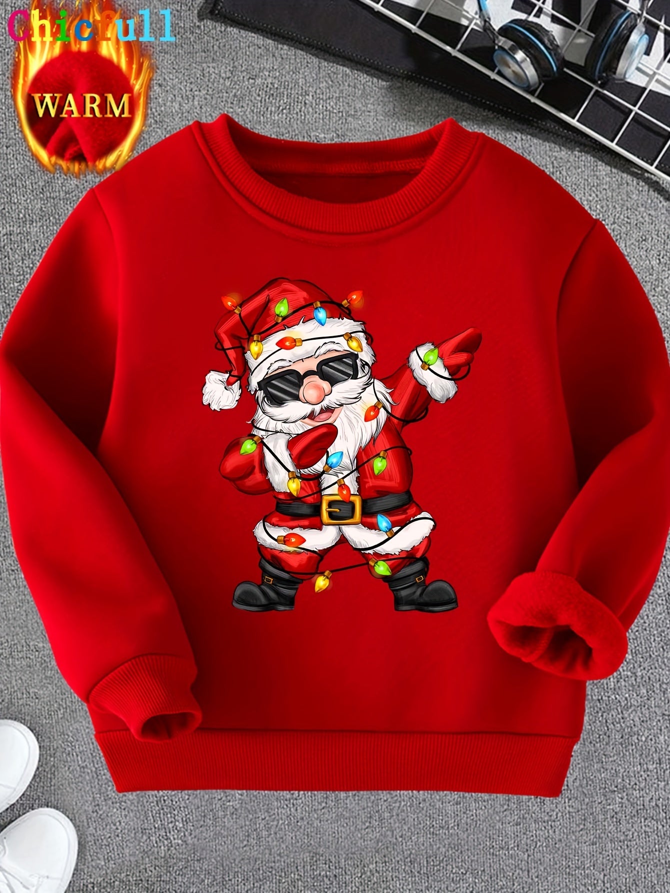 Boys' Cozy Fleece-Lined Christmas Sweatshirt with Dancing Santa Print - Casual & Stylish for Fall/Winter, Machine Washable