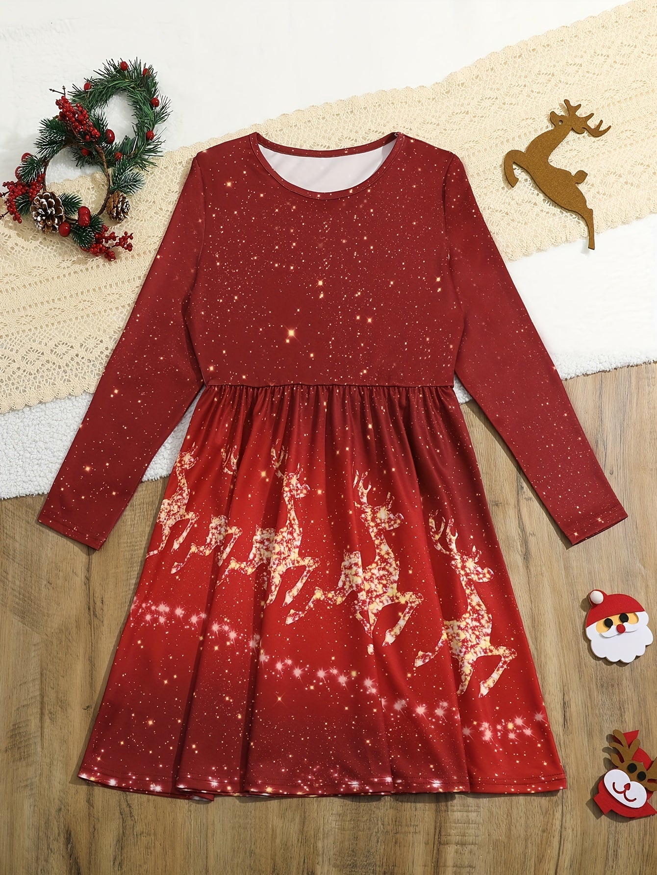 Kids' Reindeer Sparkle Crew Neck Long Sleeve Dress - Soft, Comfy, and Adorable for Spring, Fall, and Christmas - Perfect Gift for Little Girls