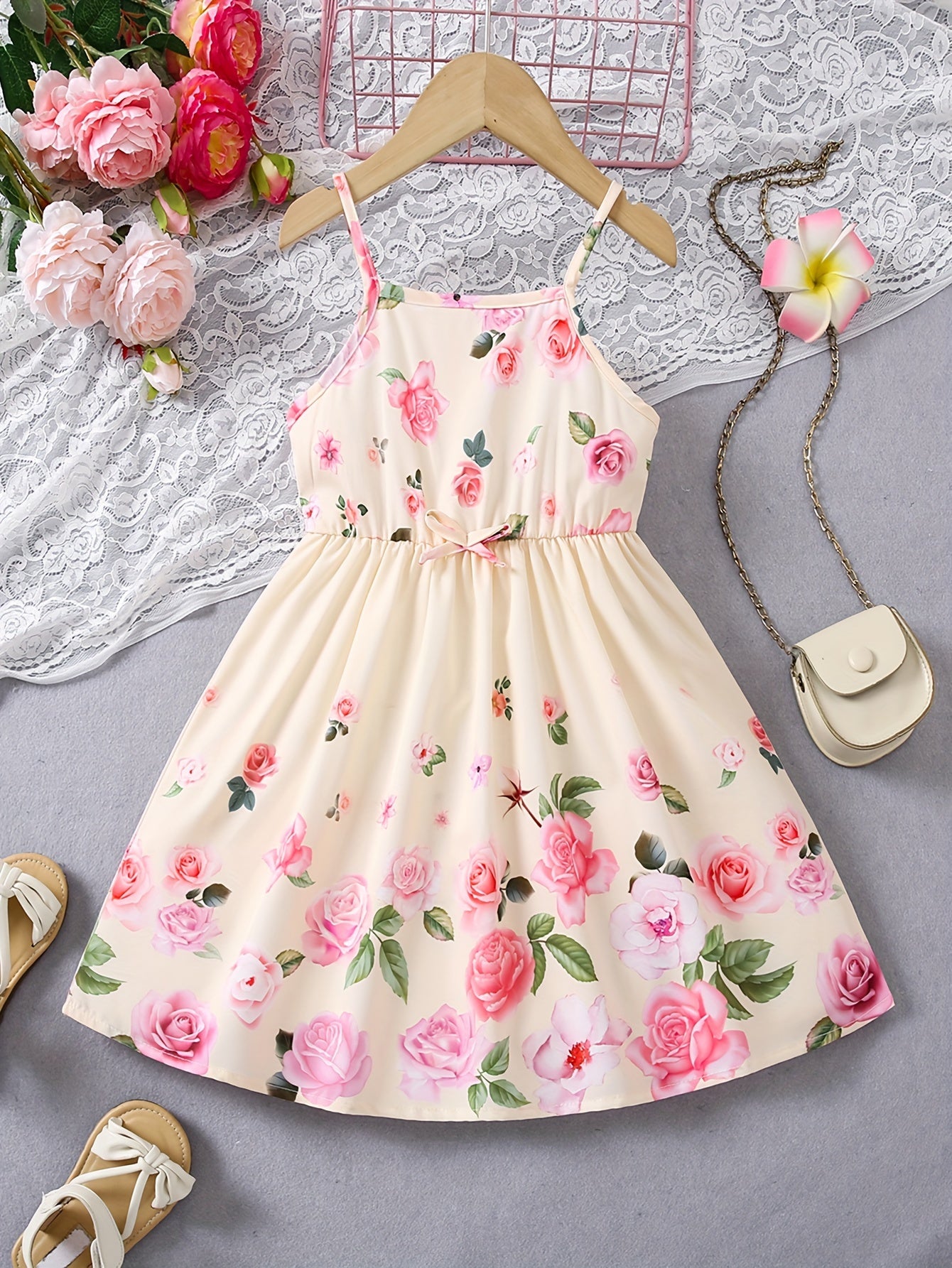 Knee-High Loose Fit Off the Shoulder Floral Print Slingback Dress for Girls - Machine Washable, Non-Stretch Polyester, Strapless, Sleeveless, Casual Style for Spring/Summer/Fall - Perfect for Ramadan and Wedding Occasions