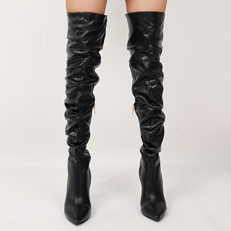 High Heel Stiletto Pointed Toe Over The Knee Boots - Fashionable Zipper Closure, Microfiber Artificial Leather Upper, Comfortable Platform, Rubber Sole, Tribal Style - All-Season Wear, Solid Color, No Printing