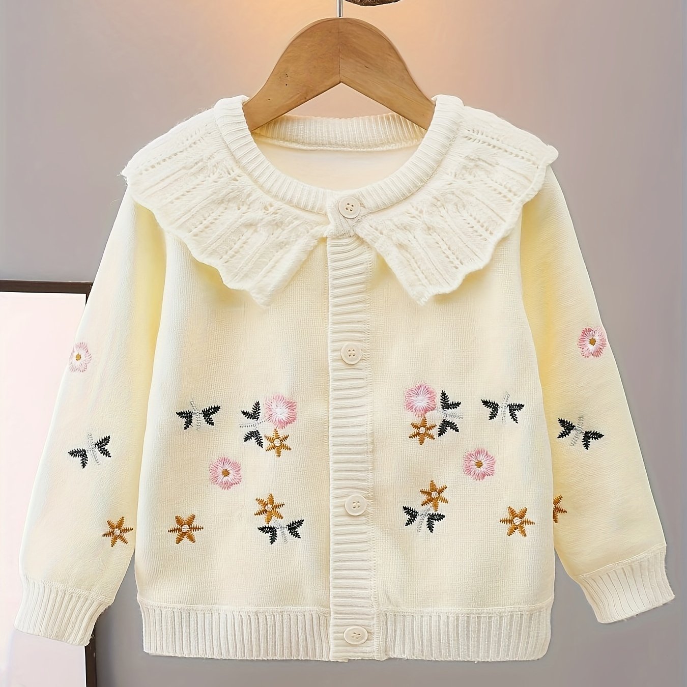 Creamy Color Embroidered Lapel Knit Cardigan For Girls, Elegant Style Comfy Knitwear Jacket, Girl's Clothing For Fall