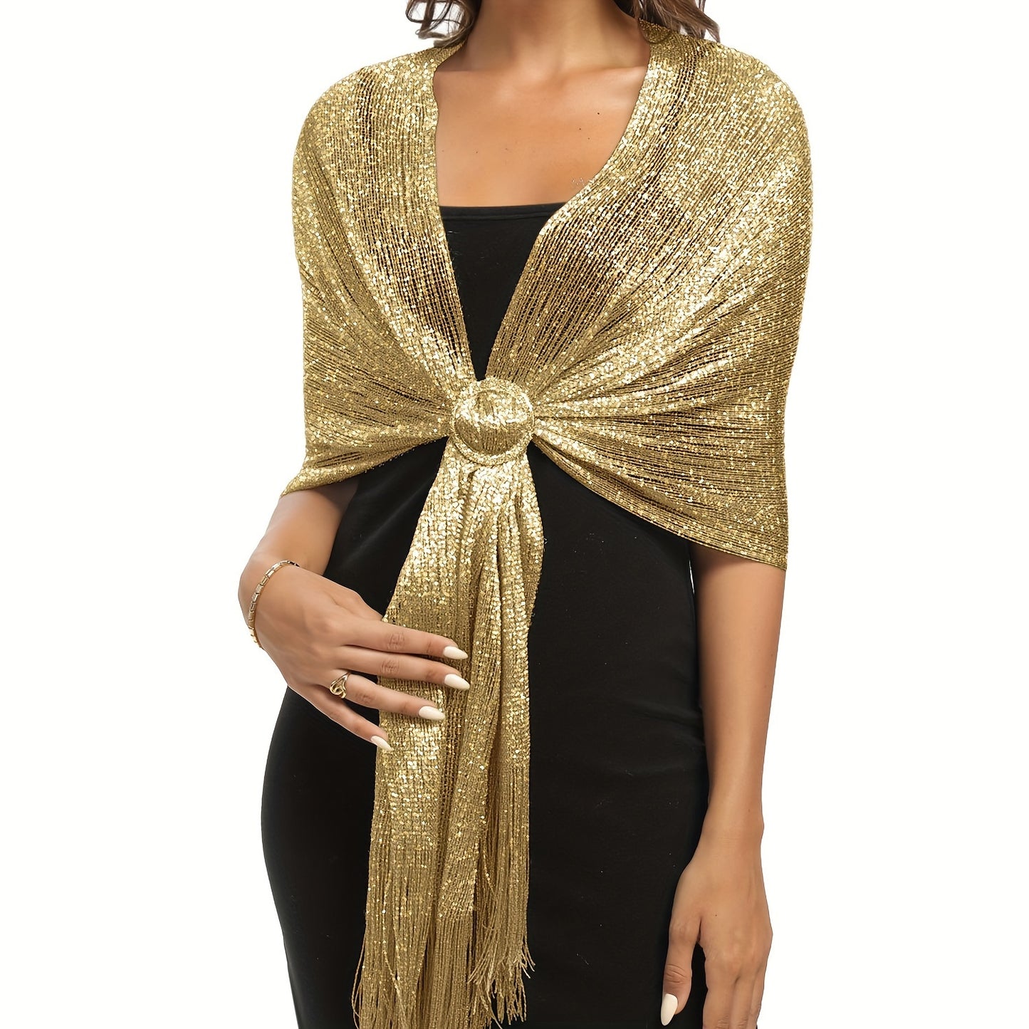 Shimmering Metallic Glam Shawl - Round Buckle Tassel Wrap - Perfect for Evening Parties & Weddings - A Versatile Dress-Up Accessory