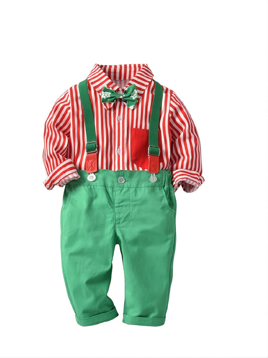 Boy's Christmas Striped Print Bow Tie Gentleman Overalls Set For Daily & Outdoor Wear