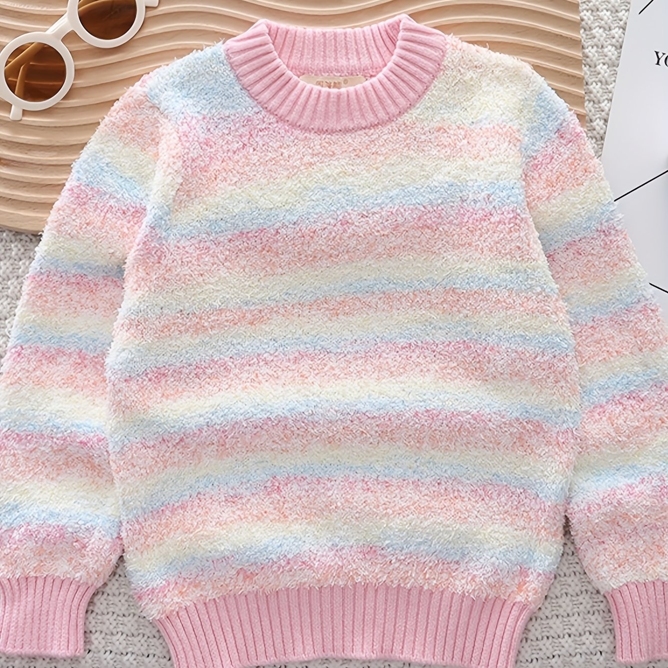 Cozy Girl's Striped Knit Sweater - Soft, Breathable, Contrast Crew Neck Pullover Jumper Top for Fall Winter - Stylish, Trendy, and Warm Girl's Clothing for Casual Daily Wear