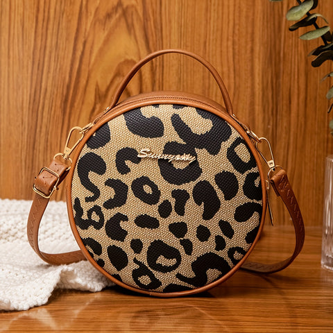 Benpaolv Leopard Print Round Handbag, Retro Mini Crossbody Bag, Trendy Circle Purse For Women