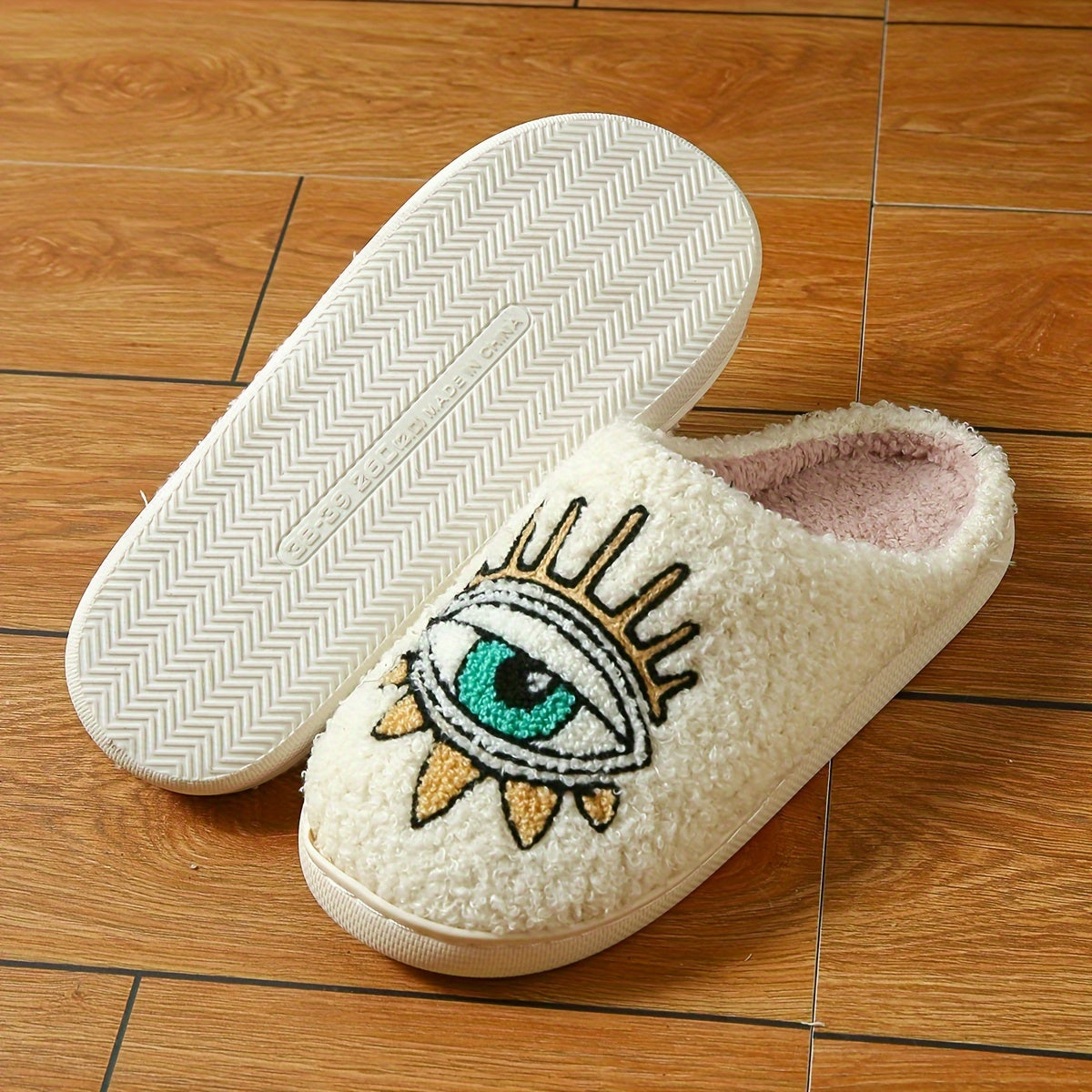 Winter Plush Slippers With Letter & Eye & Floral Design, Cozy & Warm Closed Toe Fuzzy Shoes, Comfy Indoor Floor Slippers