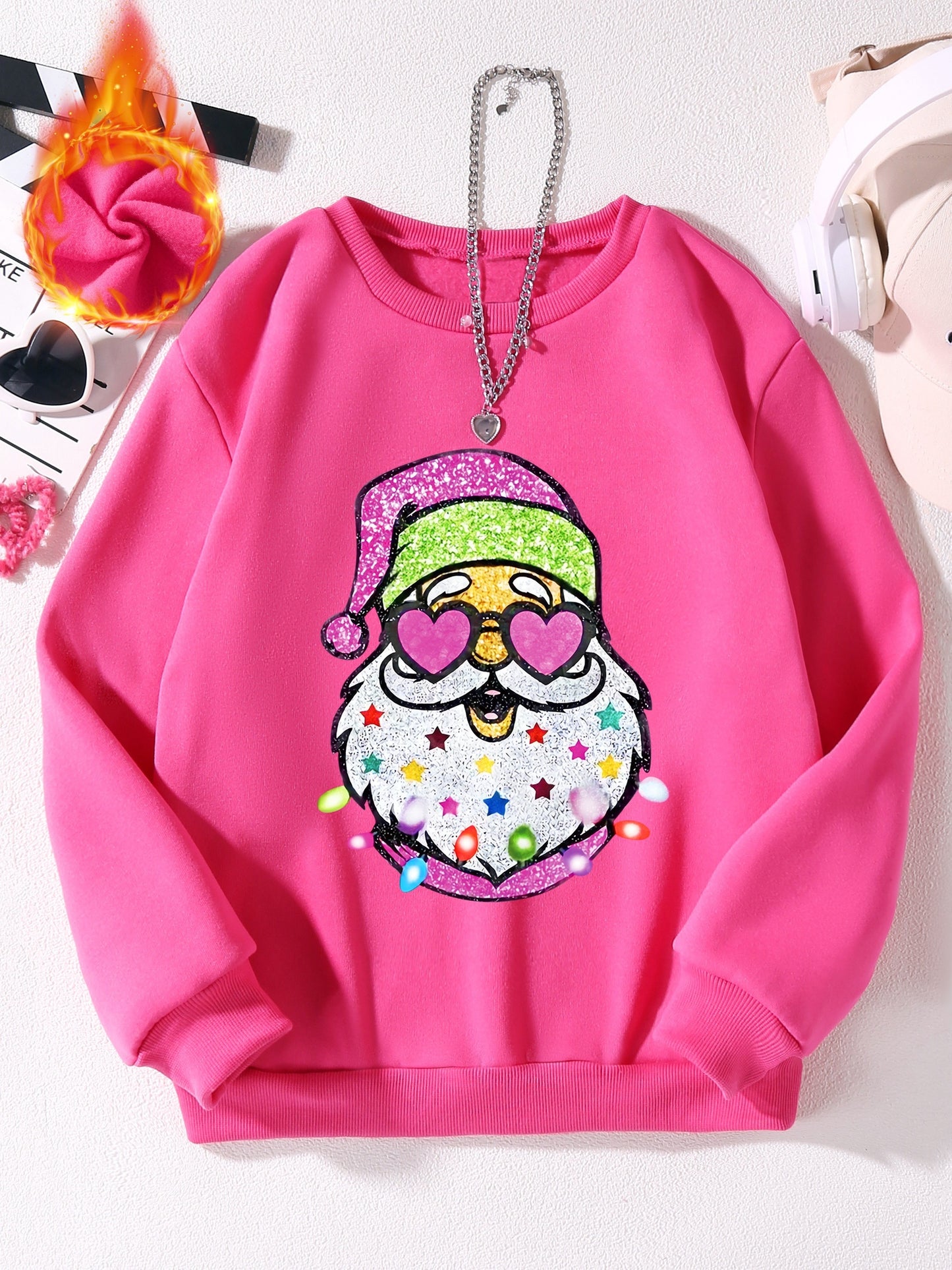 Cozy Christmas Cartoon Santa Print Pullover Sweatshirt for Toddler Girls, Long Sleeve Casual Sports Top for Everyday Wear