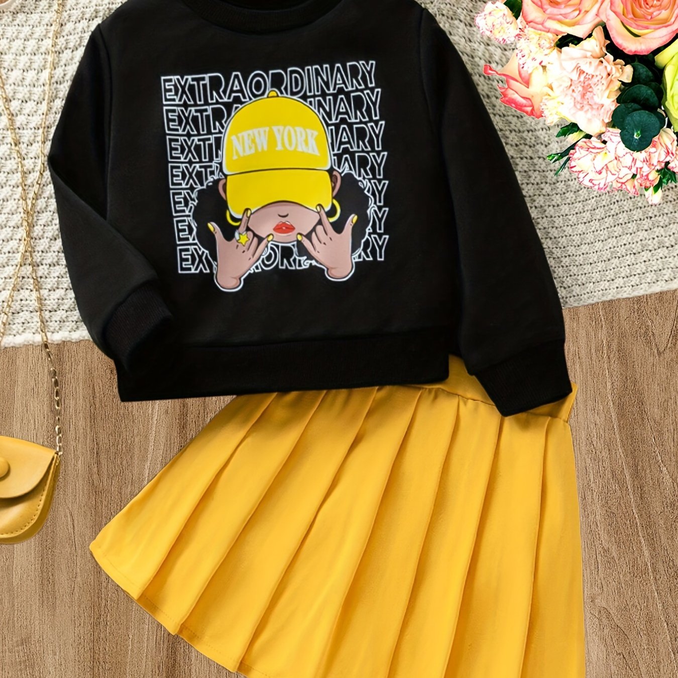 2pcs/set Adorable Girls Pattern Sweatshirt Top + Pleated Skirt Outfit - Comfortable Long Sleeve, Fashionable Design, Cute Cartoon Print, Perfect for Spring and Fall Seasons, Ideal for Casual Daily Wear