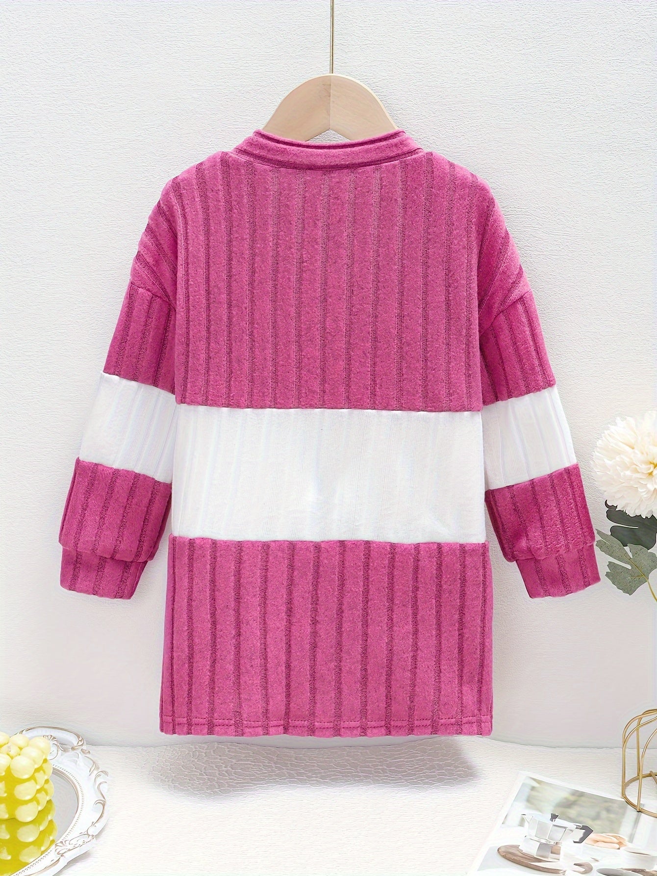 1pc Trendy Color Blocking Knit Long Cardigan for Girls - Soft, Versatile, and Cozy Long Sleeve Knitted Outerwear for Autumn/Winter - Chic, Fashionable, and Warm Clothing for Casual Daily Wear