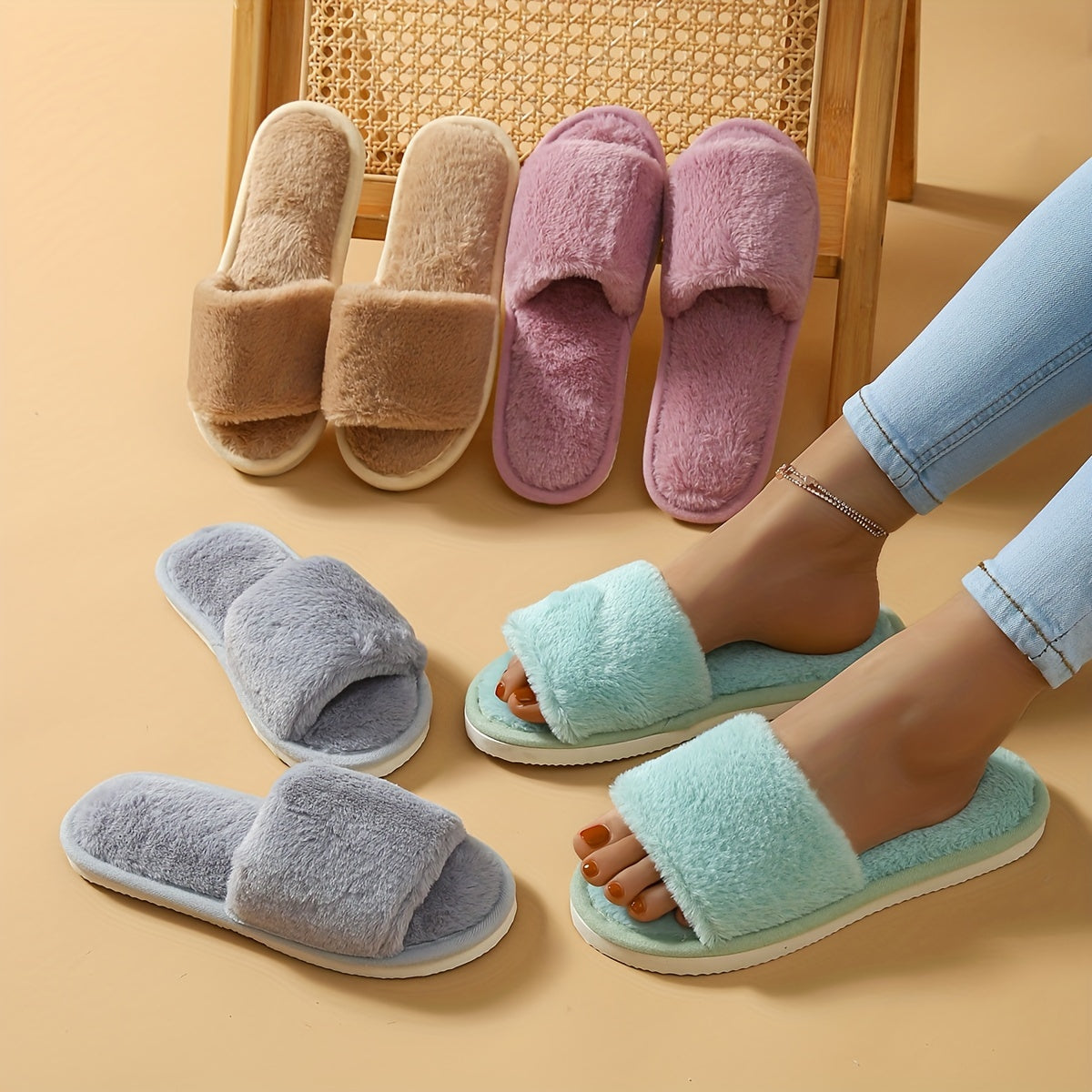 Winter Plush Open Toe Slippers, Solid Color Cozy & Warm Slip On Shoes, Comfy Indoor Floor Slippers