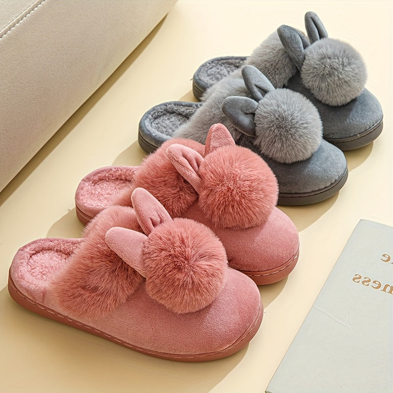 Warm Plush Rabbit Cartoon Slippers - Fabric Upper & Lining, PVC Sole, Hand Washable Cozy House Shoes