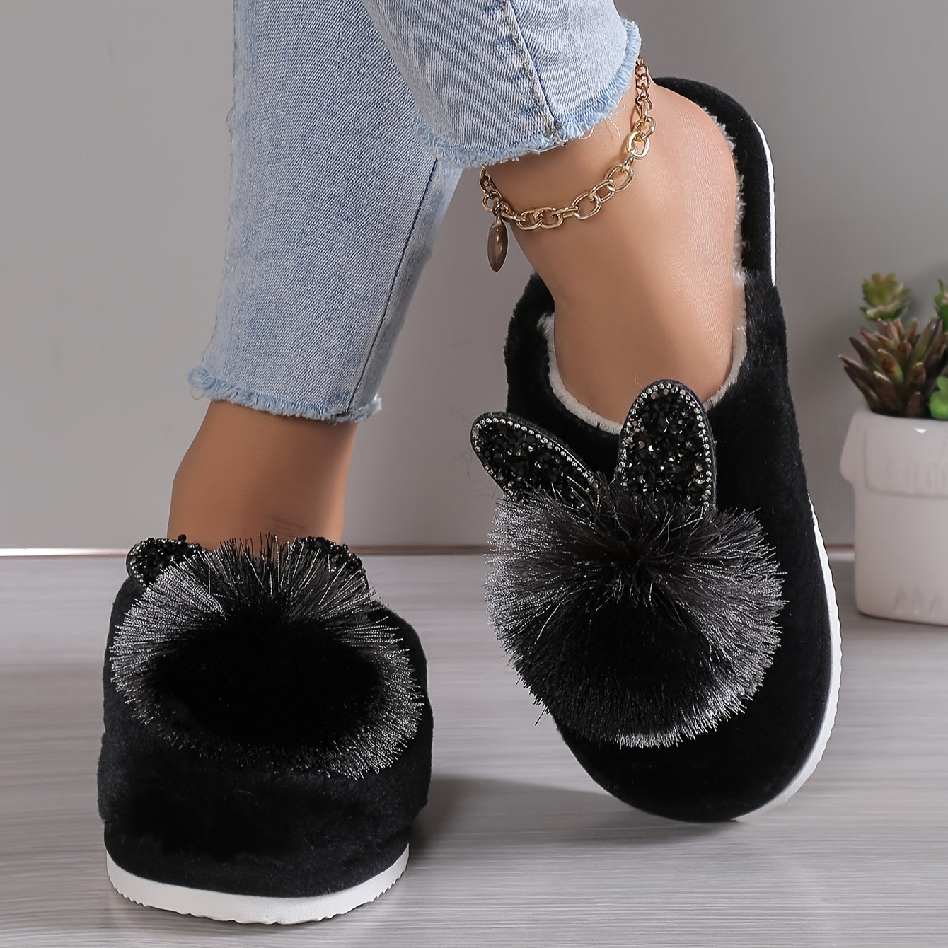 Cute Cat Hear Winter Plush Slippers, Cozy & Warm Pom-pom Closed Toe Shoes, Comfortable Flat Home Slippers