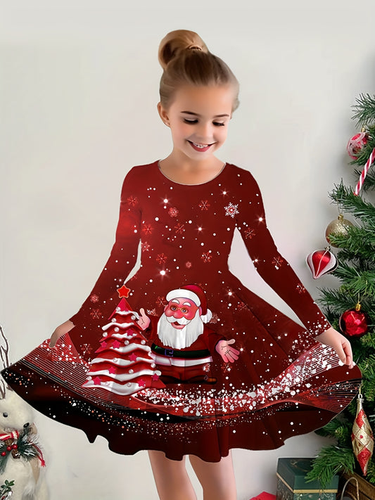 Chic Girls' Long Sleeve Christmas Dress - Elegant A-Line with Cute Santa Print, Comfortable Polyester, Machine Washable - Perfect for Holiday Parties & Gifts, for Christmas, Autumn, Spring