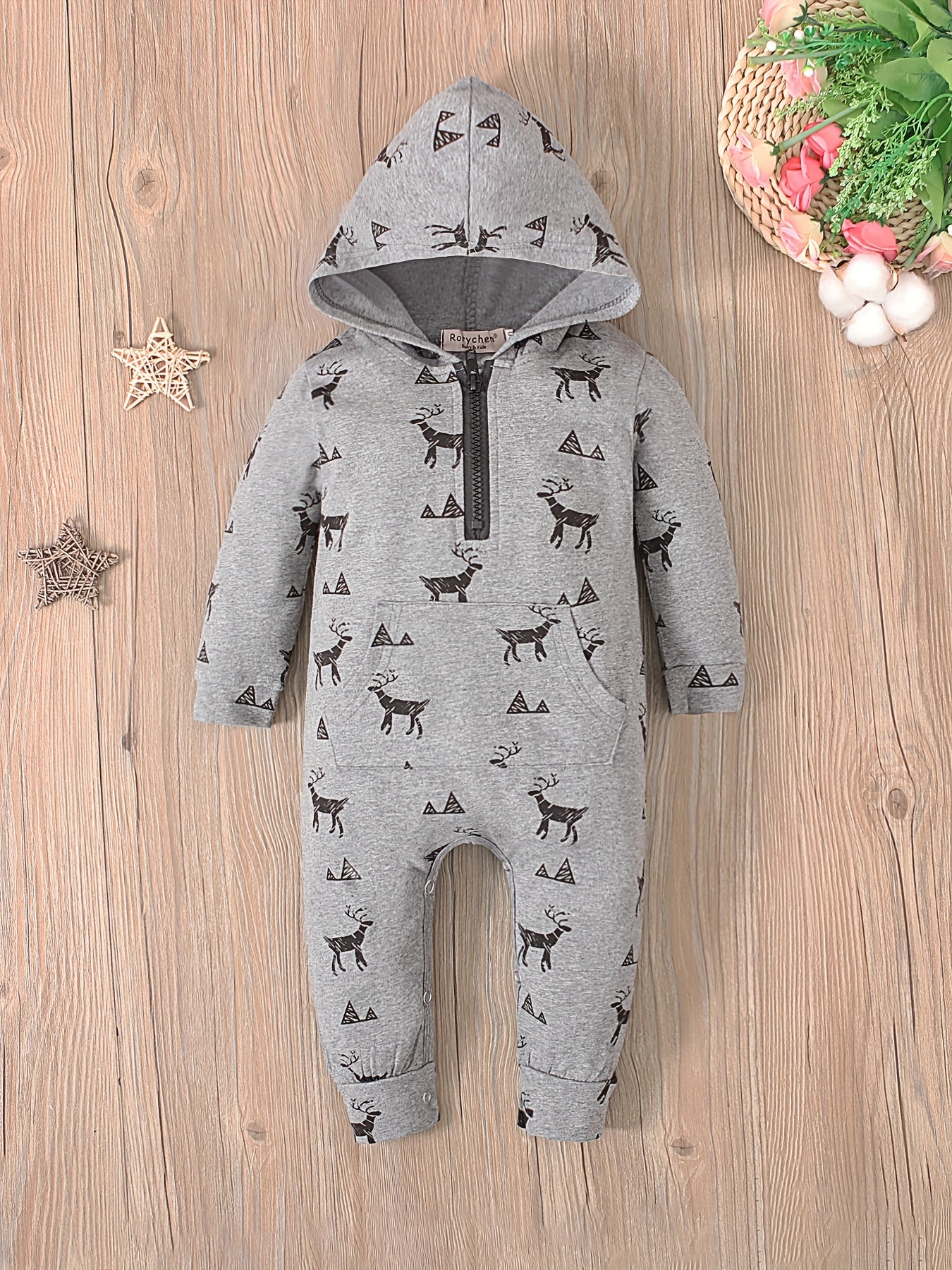 Baby Boys Cute Long Sleeve Christmas Elk Pattern Hooded Romper, Zip Up Cotton Onesie Kids Clothes For Spring And Autumn Indoor And Outdoor Wear