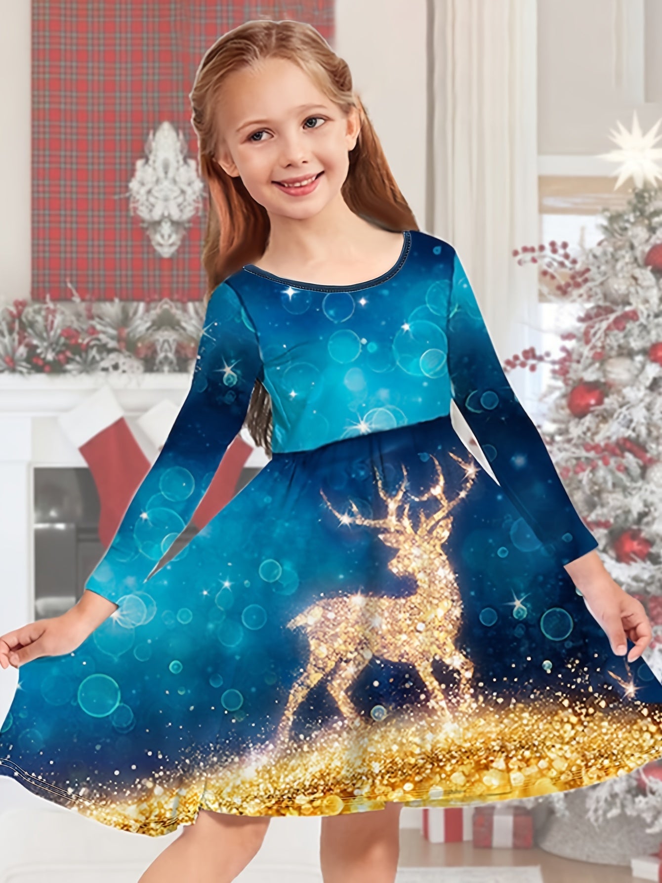 Kids' Reindeer Sparkle Crew Neck Long Sleeve Dress - Soft, Comfy, and Adorable for Spring, Fall, and Christmas - Perfect Gift for Little Girls