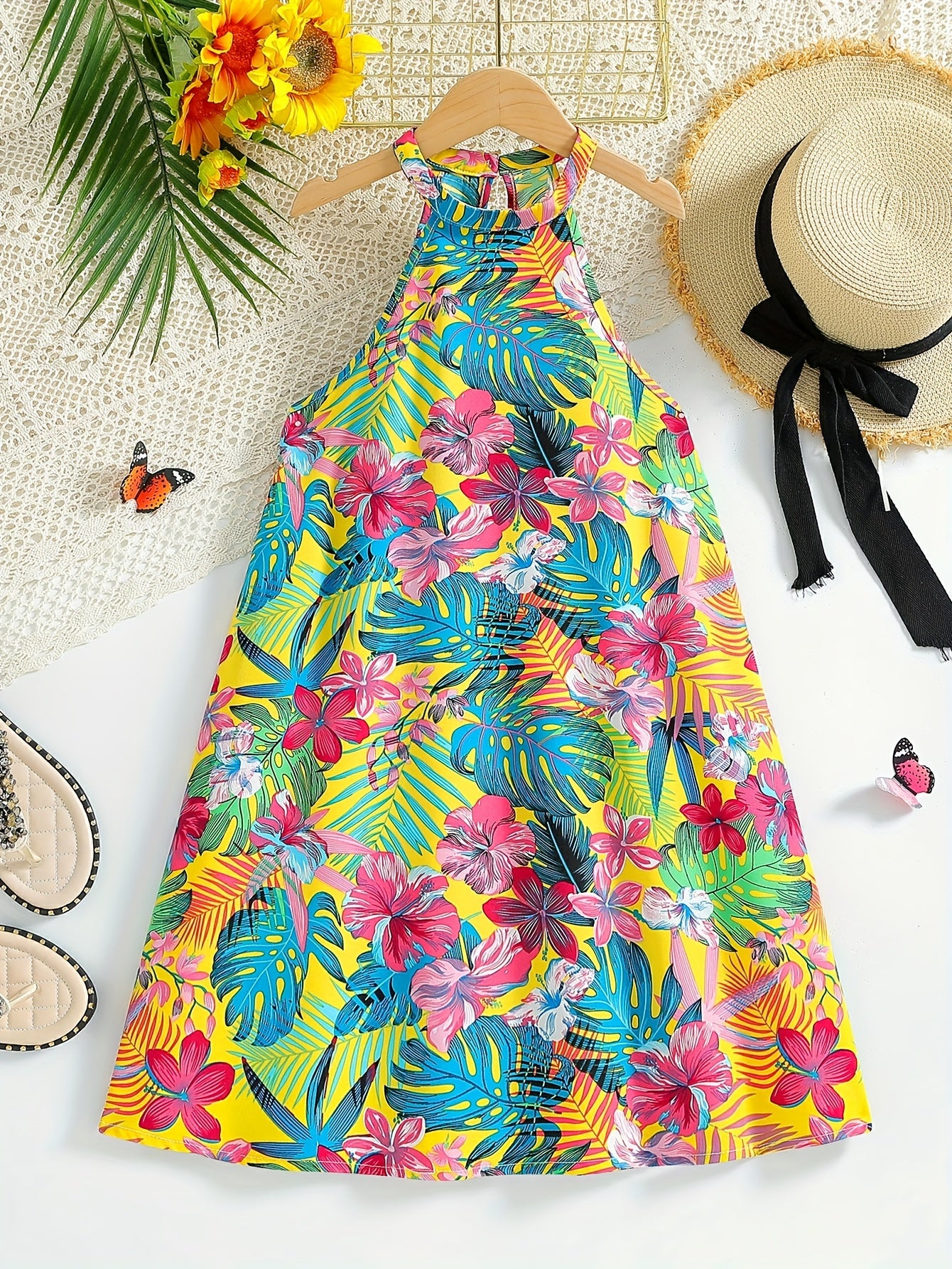 Midi Tropical Leaves Print Sleeveless Halter Neck Dress for Girls - Vibrant Summer Party Outfit with Trapeze Hem and Straight Skirt - Machine Washable Polyester Fabric, No Belt or Padding, Perfect for Holiday Gift