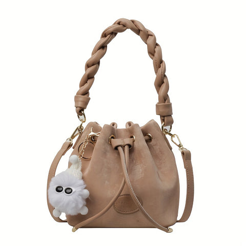 benpaolv  Stylish Drawstring Bucket Bag, Mini Crossbody Bag, Women's Handbag With Braided Handle