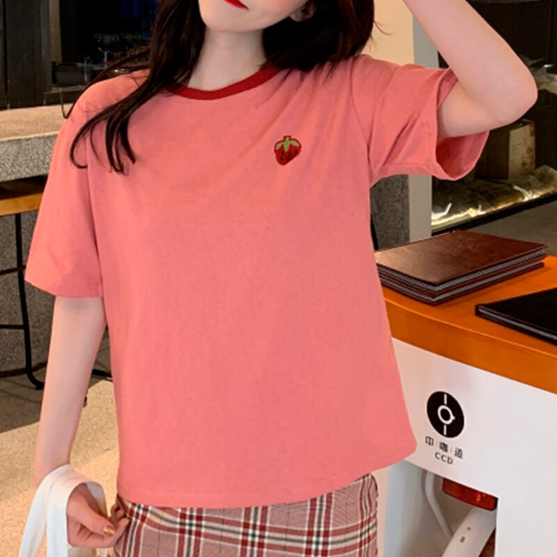 benpaolv Cute Strawberry Embroidery T-Shirt