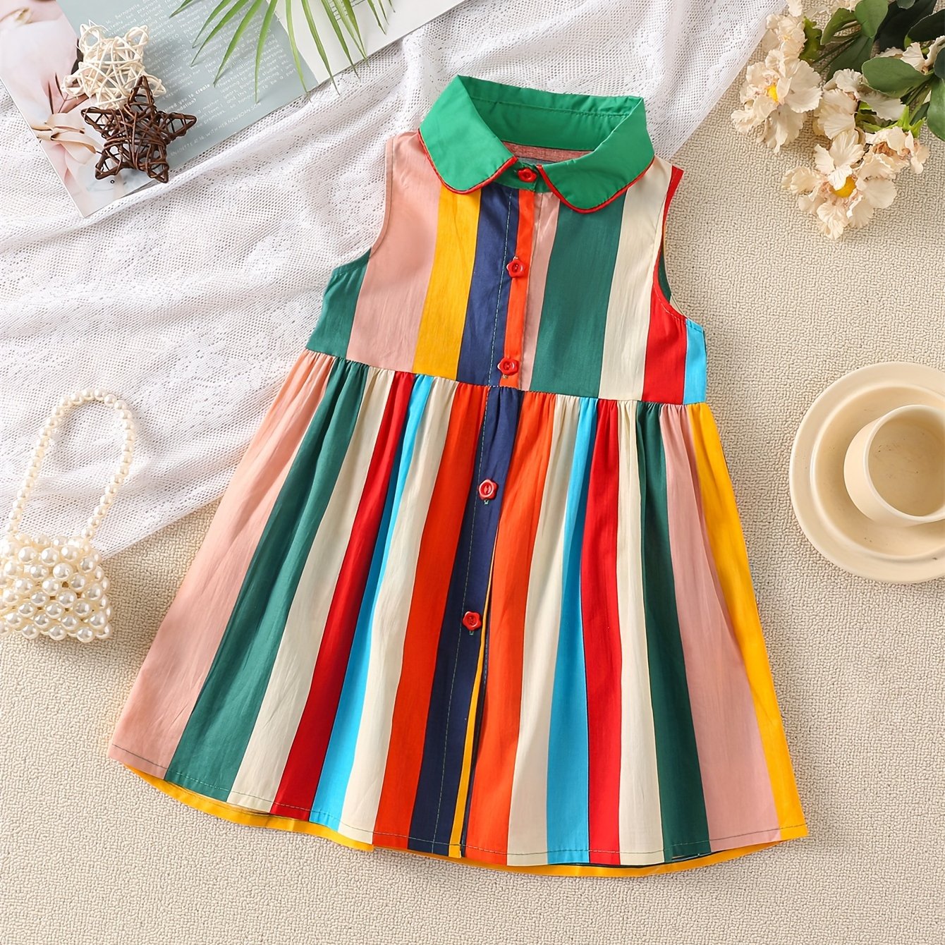 Adorable Girls Pure Cotton Sleeveless Dress with Playful Doll Collar - Perfect for Holiday & Casual Wear - Comfortable, Stylish, and Festive