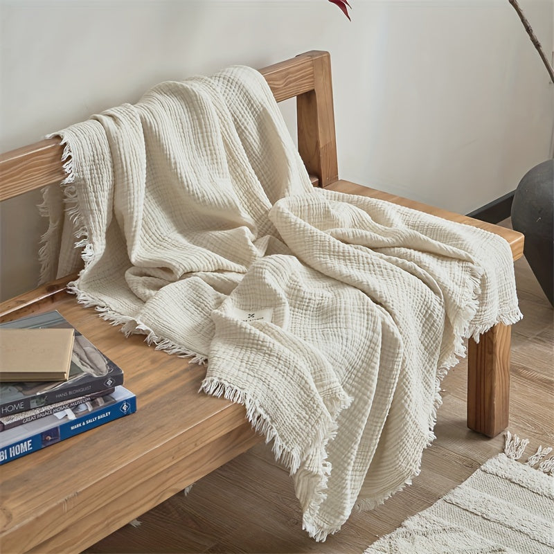 Ultra-Soft 100% Cotton Crinkle Yarn Throw Blanket in Cream with Tassels - Perfect for All Seasons, Cozy Nap & Bedding Accessory