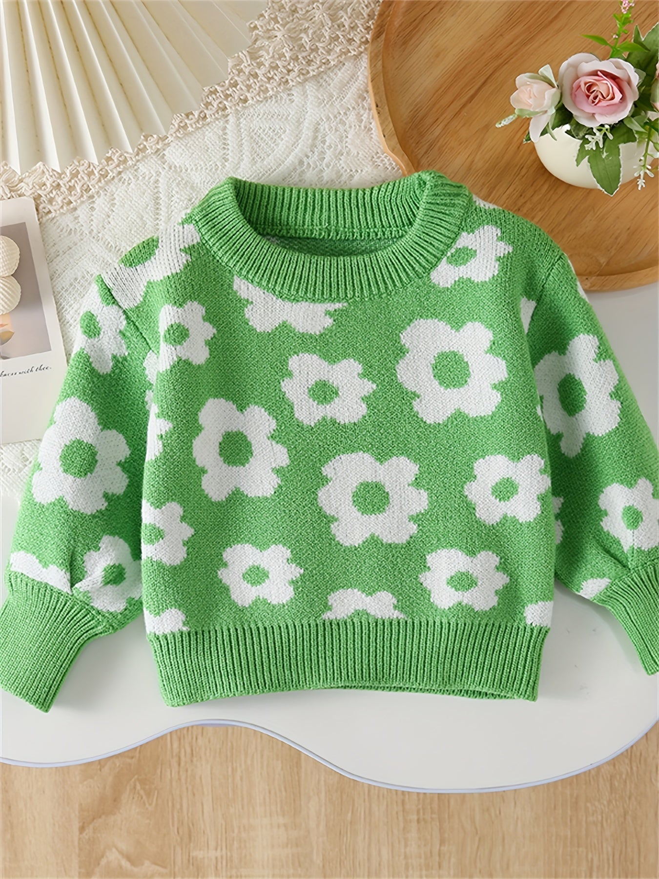 Adorable Cartoon Flower Pattern Cable Knit Long Sleeve Sweater - Soft, Cozy, and Warm Toddler & Infant Girl's Clothing for Fall and Winter Seasons - Sweet and Stylish Gift Idea for Little Princesses