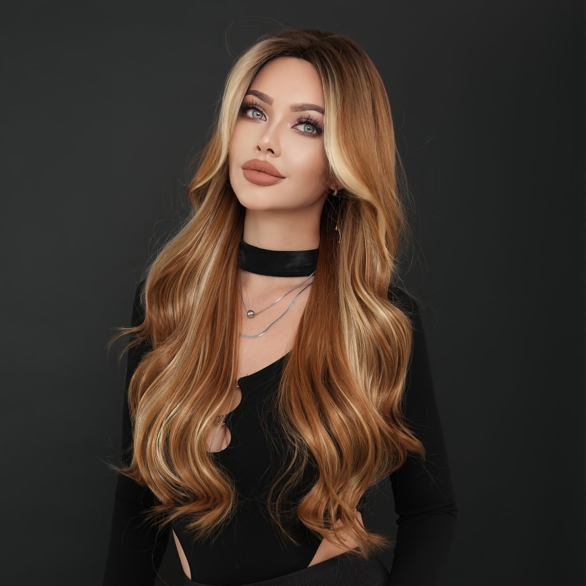 "Voluminous" Elegant Ombre Brown Long Curly Wig With Dark Roots - Middle Part, High Layered Fluffy Blonde Highlights For Women - Heat Resistant Synthetic Fiber, Perfect For Daily Wear & Parties, 28.34 Inches