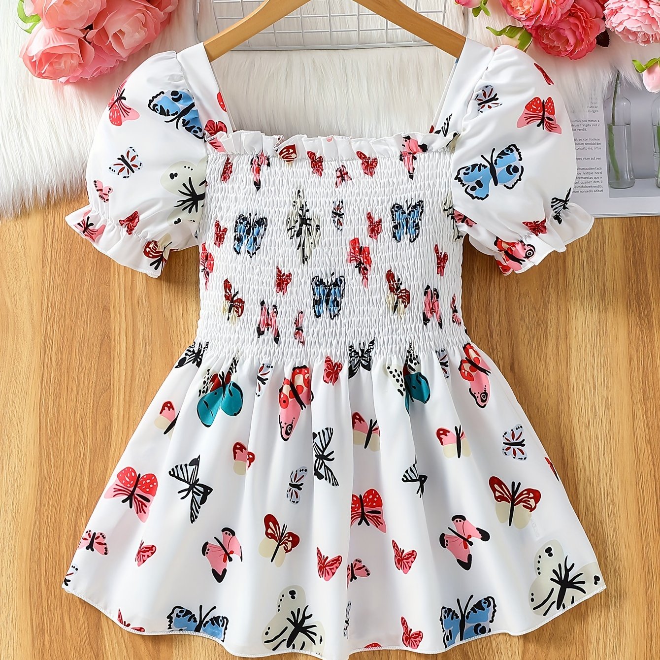 Adorable Girls' Square Neck Peplum Blouse - Smocked Details, Puff Sleeve, Casual Sweet Style, Perfect Summer Top for Little Princesses