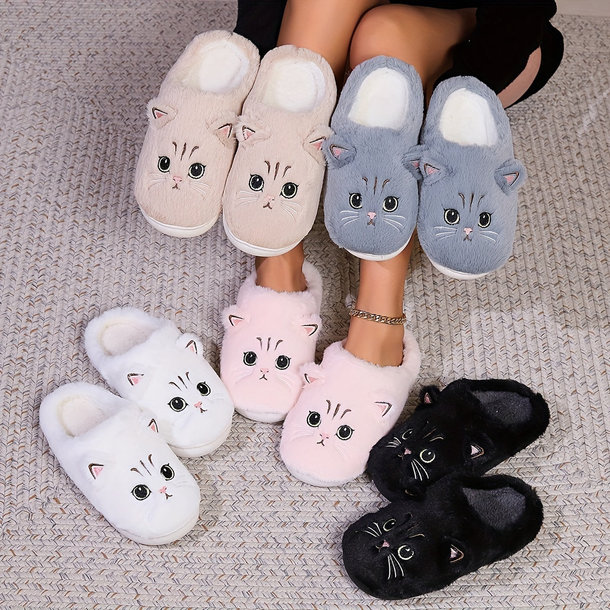 Comfy Kawaii Cat Home Slippers - Solid Color Plush Fabric, Cozy Closed Toe Winter Shoes with a Soft Sole