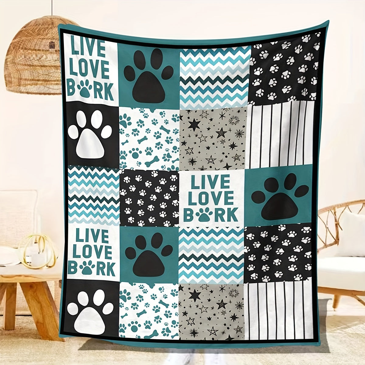 Contemporary Patterned Dog Paw Print Flannel Fleece Throw Blanket, Soft Warm Lightweight Multipurpose Pet Decor Blanket for Bed, Sofa, Chair, and Outdoor Use, Stain Resistant, All-Season Cozy Polyester Cover