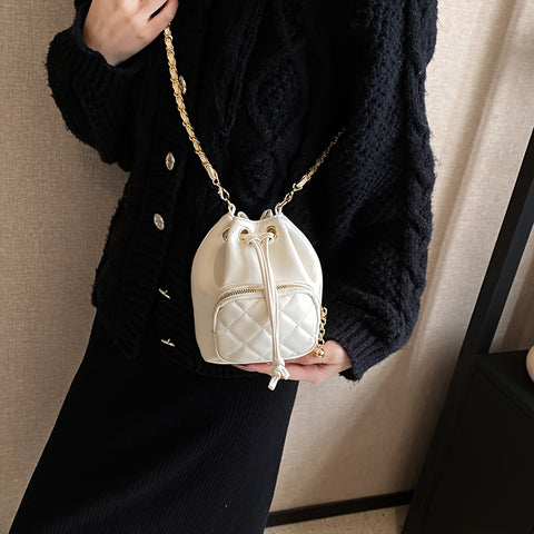 benpaolv  Mini Argyle Quilted Bucket Bag, Fashion Chain Crossbody Bag, Women's Drawstring Handbag Purse