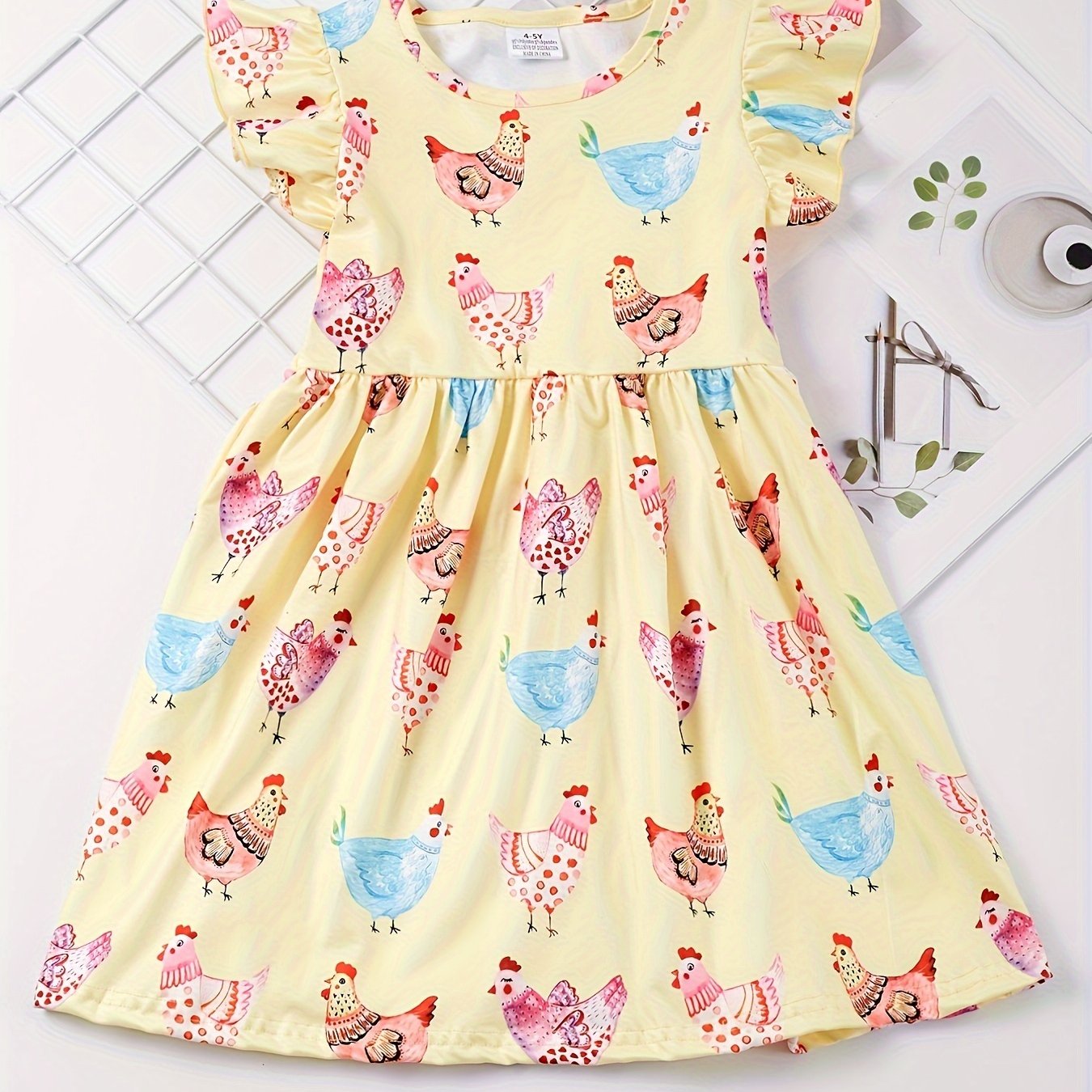 Stretchy Adorable Girls Cartoon Dress with Flouncy Ruffle Sleeves - Perfect for Summer Parties and Gift-Giving